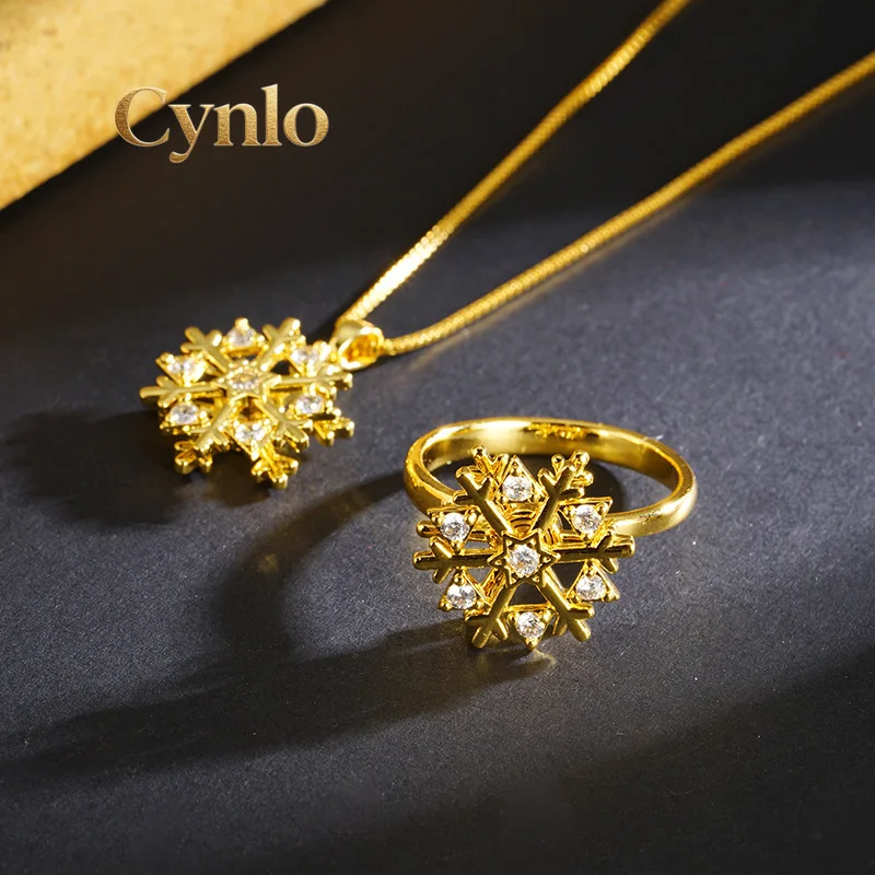 

Cynlo Jewelry Women's 24k gold necklace snowflake shining necklace micro-inlaid sparkling diamond sweet and lively AU999 ring