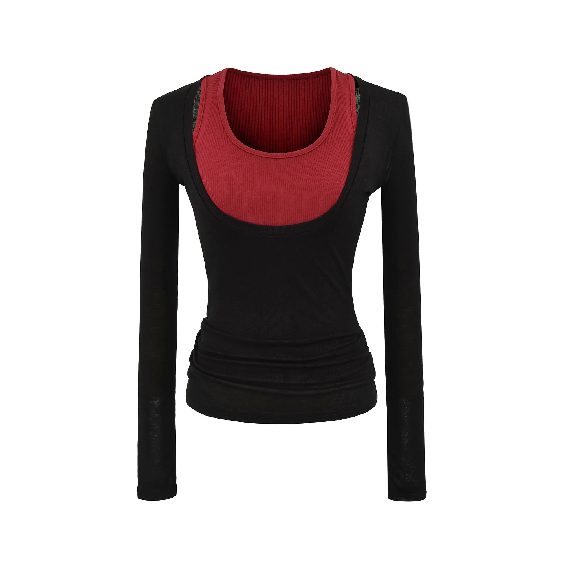 Free Style Sexy Narrow Shoulder Tank Top Large U-Neck Slightly Transparent Slim Waist Slimming Long Sleeved Top Color-Block ZB2Q