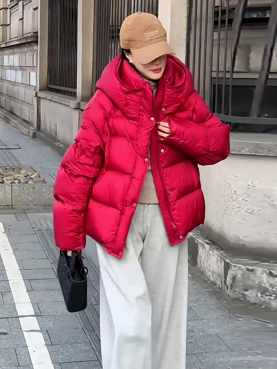 

Women's ort Thiened White Du down Jaet Winter 2024 Casual Sle Long Sve Warm Coat with Hood Dstring