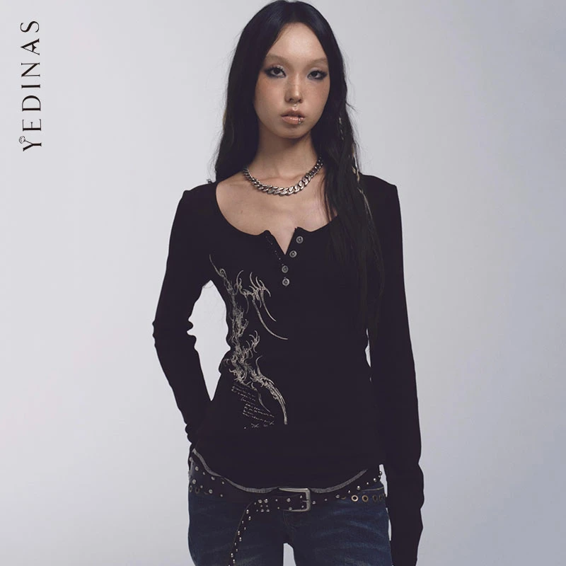 

Yedinas Готическая черная женская футболка с длинным рукавом на пуговицах и длинными рукавами Футболка с графическим рисунком Женская одежда 2000-х годов Y2k Goth Autumn