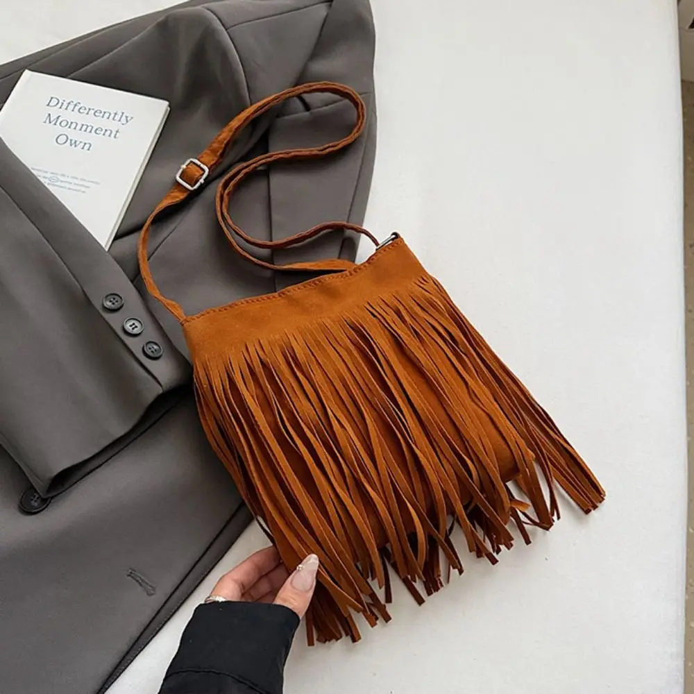 

Замшевая сумка-мессенджер с бахромой в корейском стиле, однотонная сумка через плечо из искусственной кожи с кисточками, сумка через плечо в богемном стиле в этническом стиле