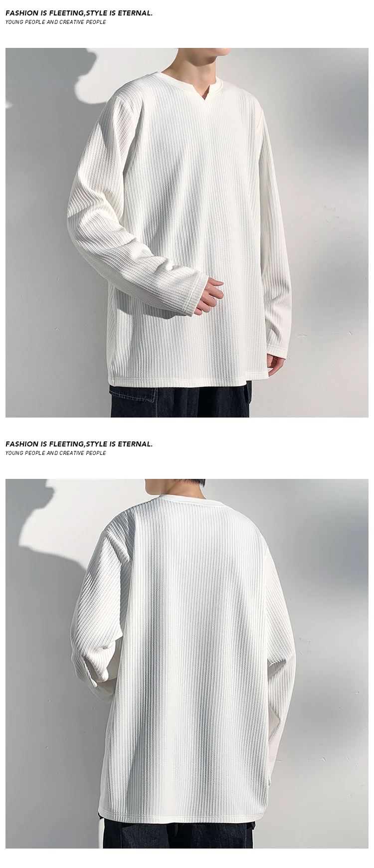 Herren-T-Shirt mit V-Ausschnitt, langen Ärmeln, vertikalen Streifen, geripptem Stoff, lockerer Passform, bequem, lässig, Basic-Oberteil für Herren. – Detail 20