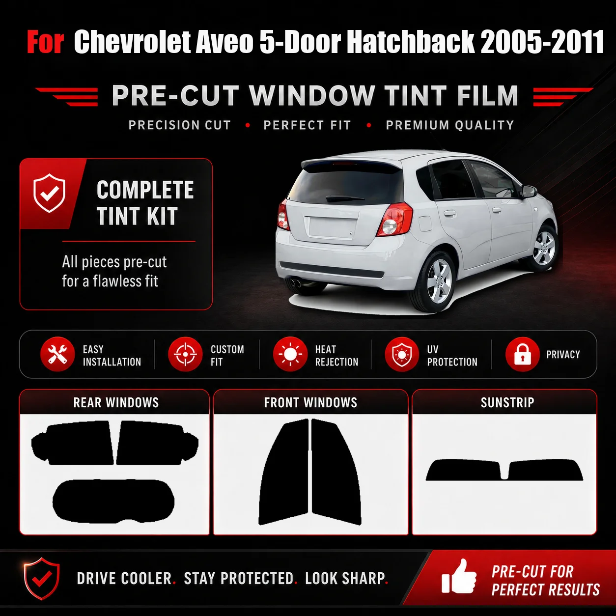 For Chevrolet Aveo 5-Door Hatchback 2005-2011 Custom Fit Privacy Glass Tint RAVOOY Nano Ceramic Film Solar Heat Reject