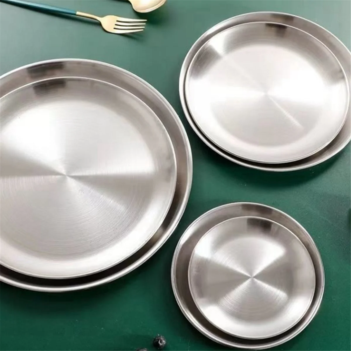 Peralatan makan 14cm, nampan Stainless Steel perak dangkal, piring makan logam bulat piring makanan penutup