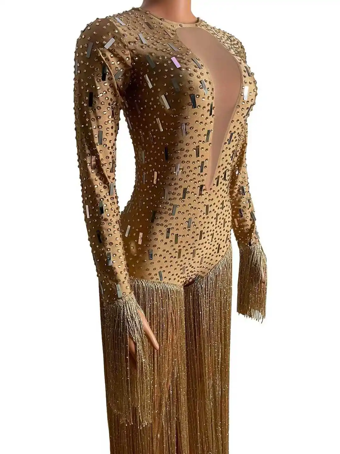 Przyciągające wzrok, błyszczące, eleganckie, brokatowe damskie body z frędzlami na powrót do domu, świętowanie, kostiumy królowej pokazów w Las Vegas.