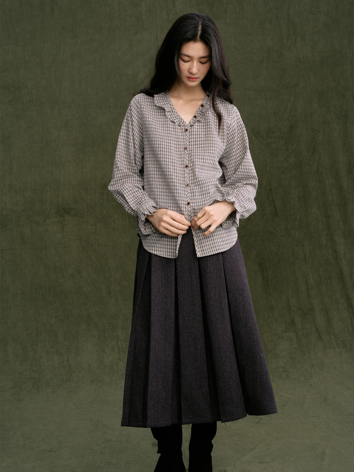 

Jicouture: Новая женская осенне-зимняя рубашка из чистого хлопка в клетку с длинным рукавом, базовый топ для повседневной носки, дизайн с деревянным узором