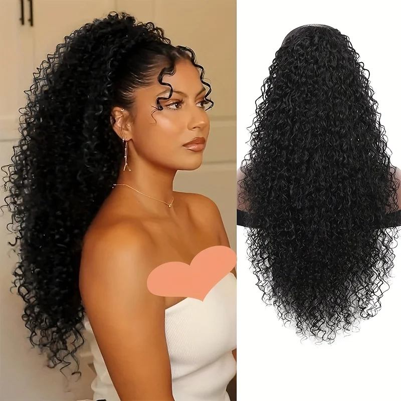 22 بوصة الرباط ذيل حصان وصلات شعر للنساء شعر مجعد عميق مقاومة للحرارة بيروكات صناعية، تجعيد الشعر الأفرو، قطع فورية