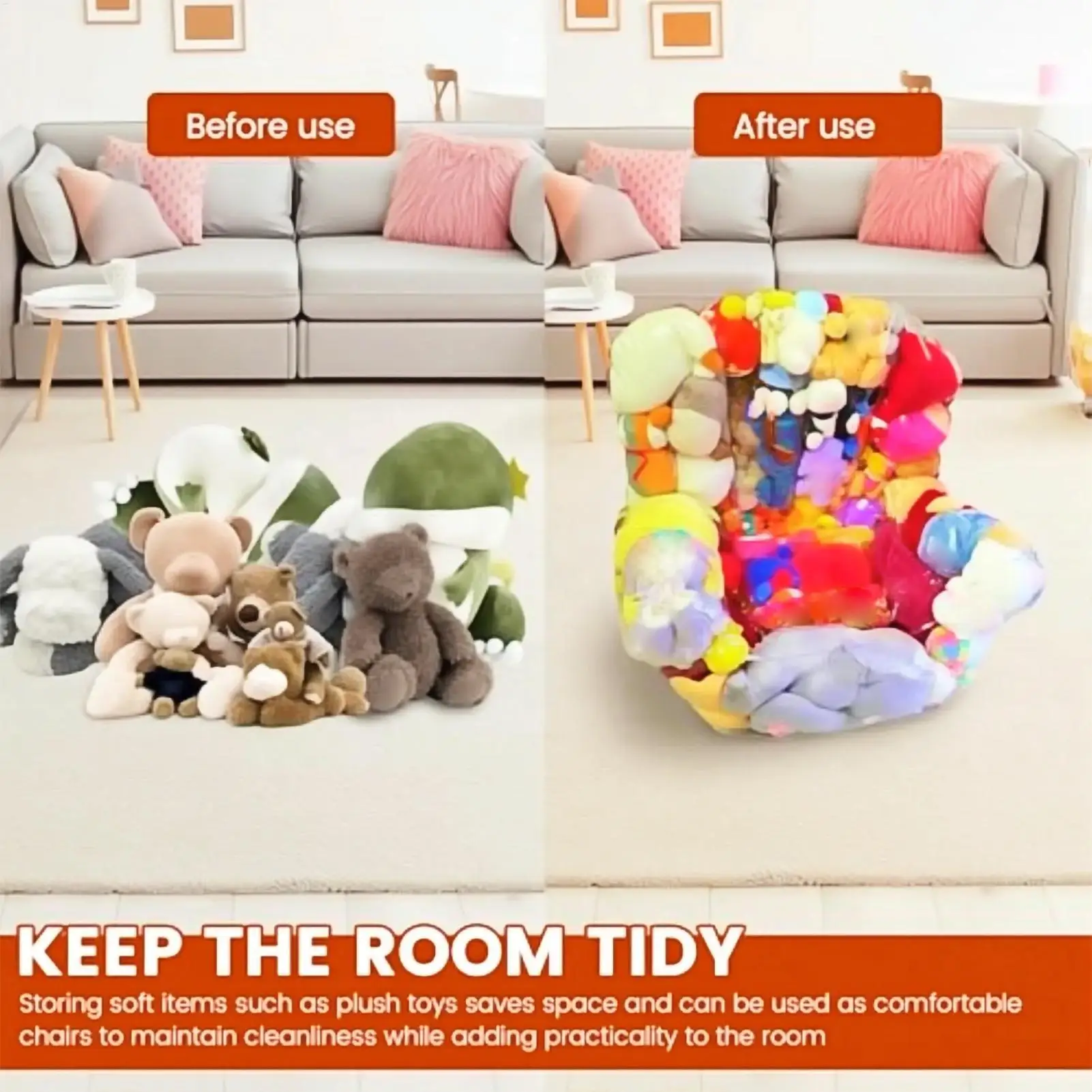 Stuffed Animal Chair 2-in-1 Waterproof Bean Bag Seat Transparent Stuffed Animal Bean Bag Chair for Apartment Living Room