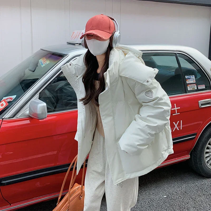Women Harajuku Winter Couple Bread Style Outerwear Casual Thick Warm Hooded Parkas Korean Heart Shaped Short Down Cotton Jacket