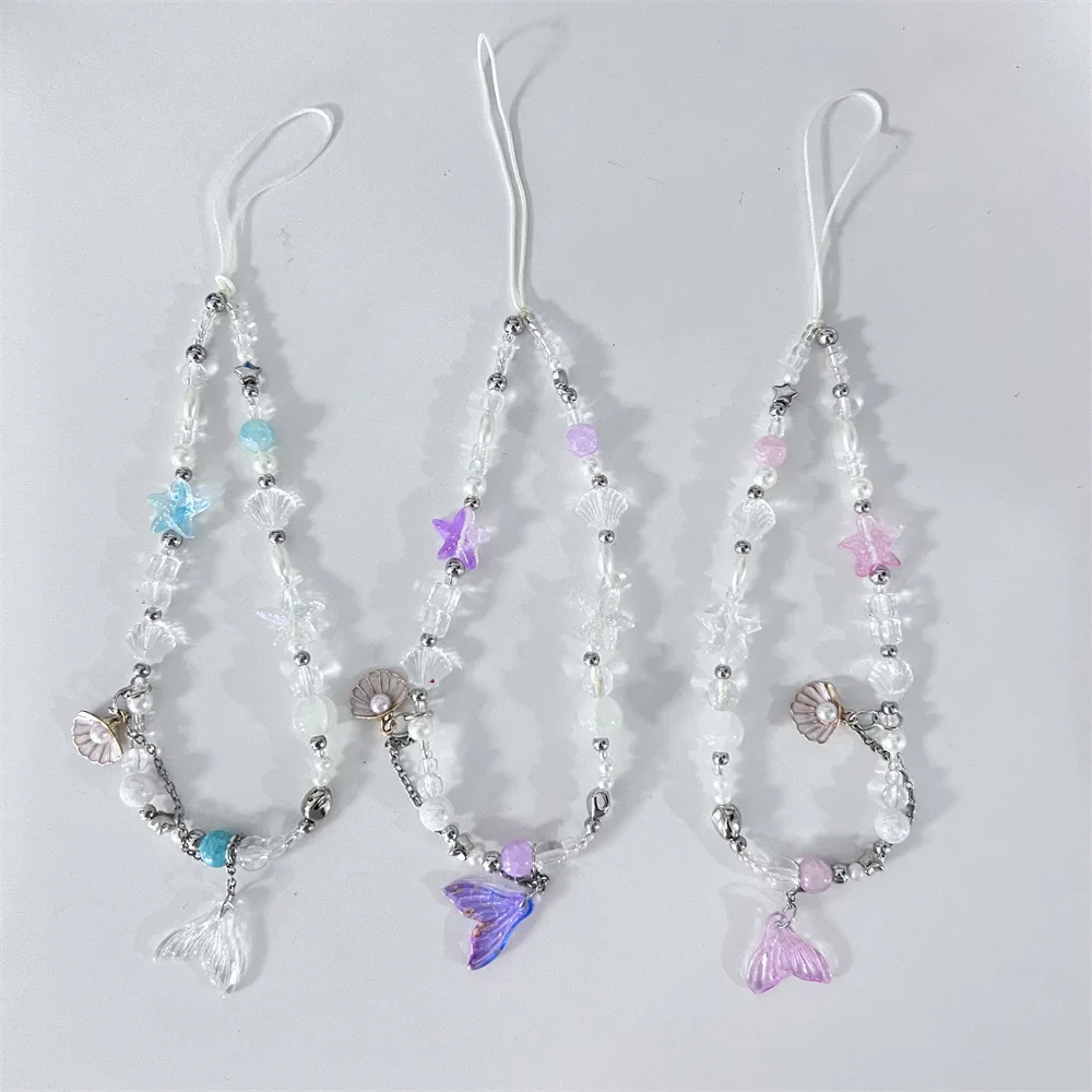 인어 꼬리 조개껍질 휴대폰 체인, 랜야드 참 스트랩, 손목 비드 코드, 팔찌 키 체인, 소녀 나일론 로프, 카메라 쥬얼리 걸기