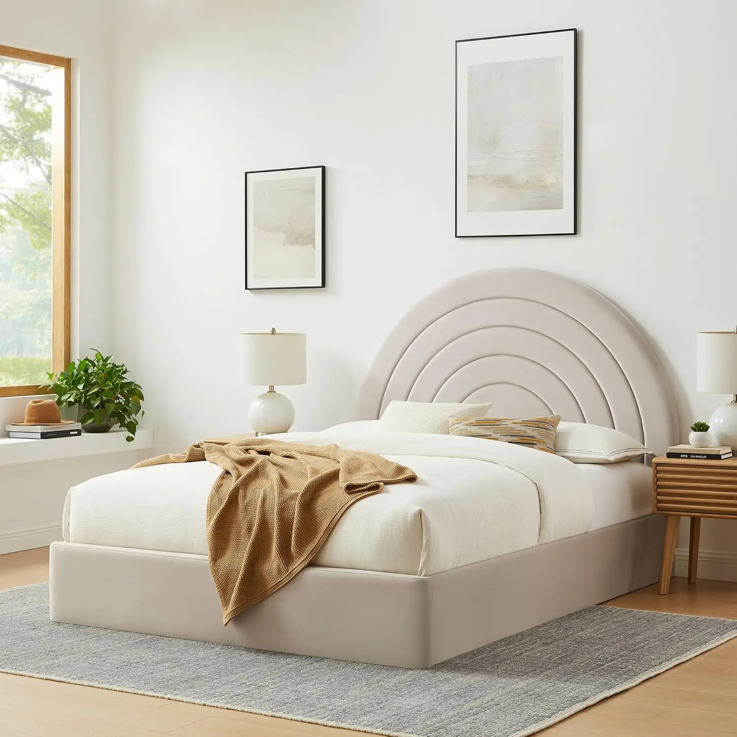 Modway Solana Queen Size Performance Velvet Platform Bed In Almond – Upholstered Bed Frame With Soft Arch Shaped Padded