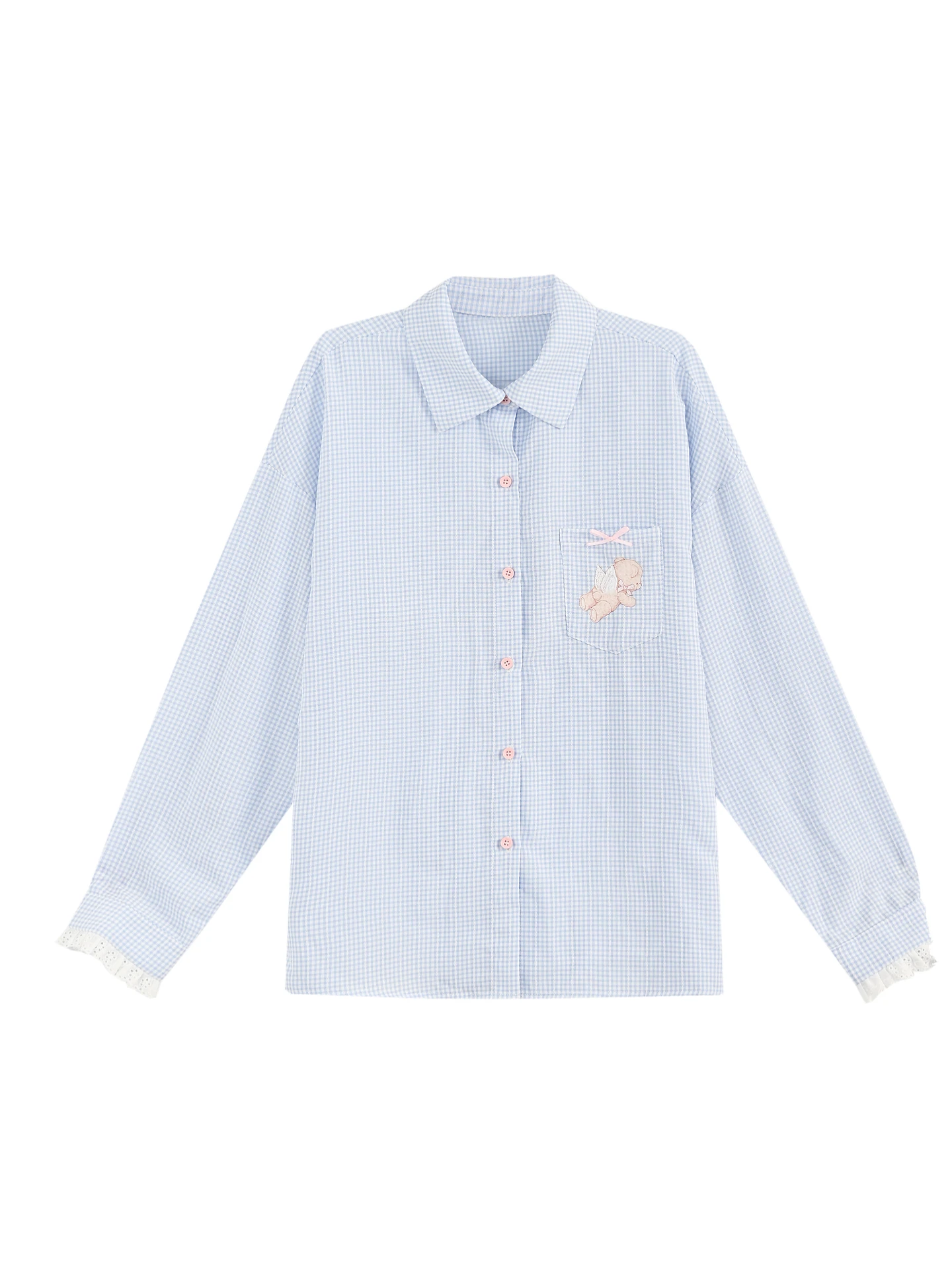 Blue And White Plaid Shirt Angel Bear Print  Knot Long Sleeve Top for Young Women Sweet Style Loose Fit Autumn Wear