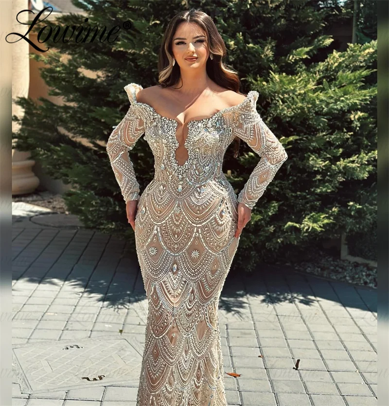 Arabic Evening Dresses Women Champagne Off Shoulder Wedding Engagement Gowns Mermaid Long Sleeve Party Prom Dress Robe De Soiree