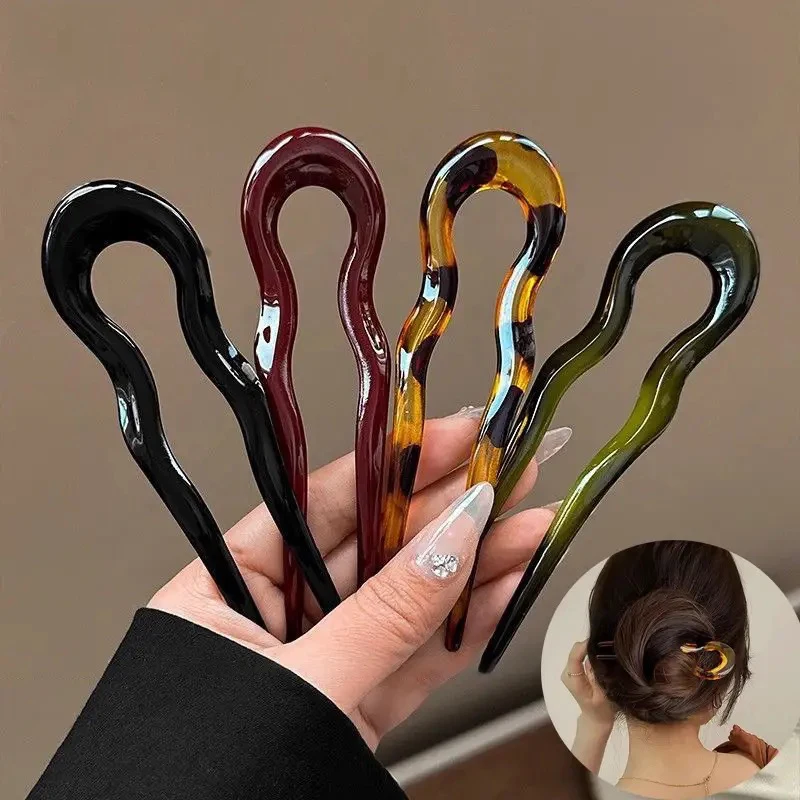 French Twist Hair Stick Hair Clip Plastic Wavy U-Shaped Hairpin Vintage Green Tortoise Women Hair Sticks Headwear Accessories