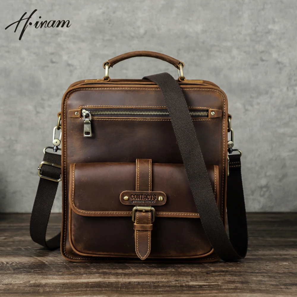 Vintage Luxury Men Crossbody Messenger Bags Business Casual Handbag Male Crazy Horse Leather Shoulder Bag Large Capacity