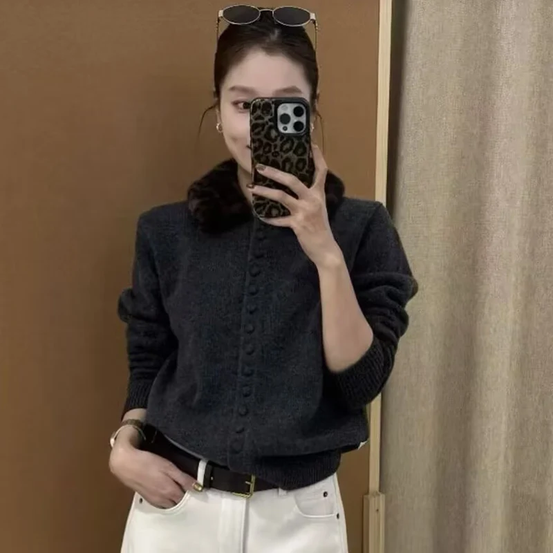 퍼 칼라 가디건 블라우스 여성용 2026년 봄 신상 시크 엘레강트 레오파드 프린트 라펠 긴팔 여성 니트 가디건