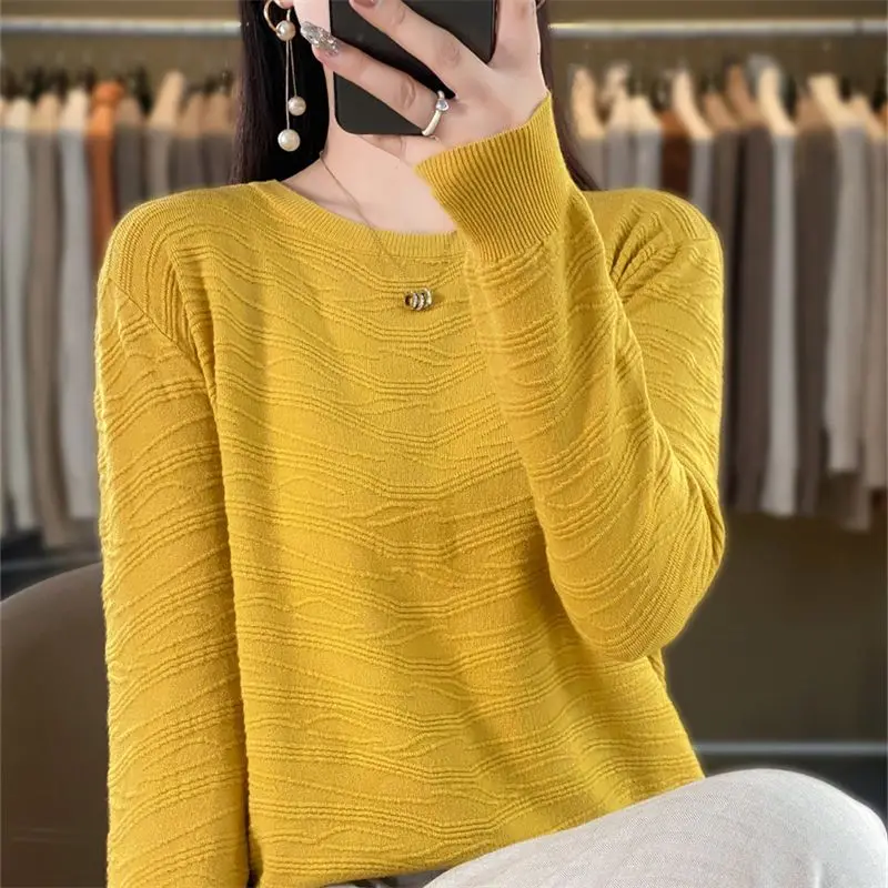 Spring Autumn Round Neck Solid Color Pullover Lantern Long Sleeve Women\'s Clothing Casual Sweater Knitted Screw Thread Tops