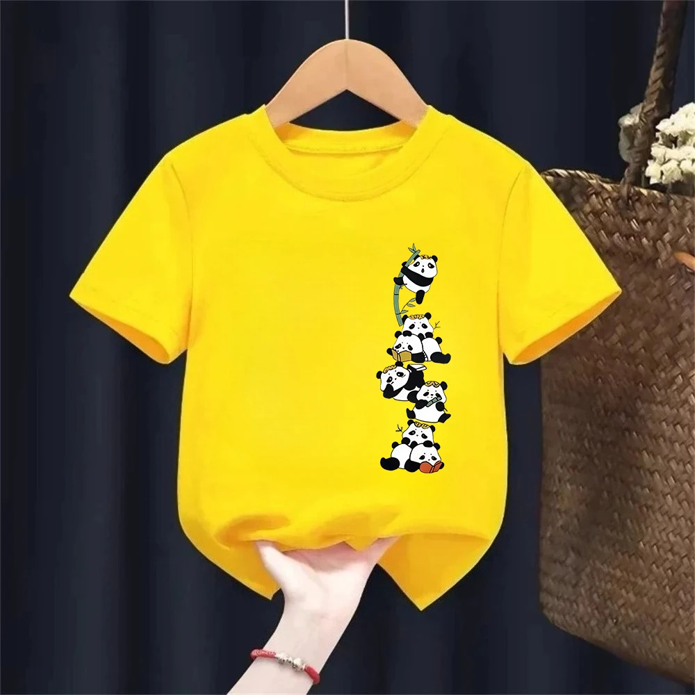 Cute Panda Print Kid Girls T-shirt Casual Short Sleeve Crew Neck Top for Summer & Spring 100% Cotton Clothing Fashion Tops