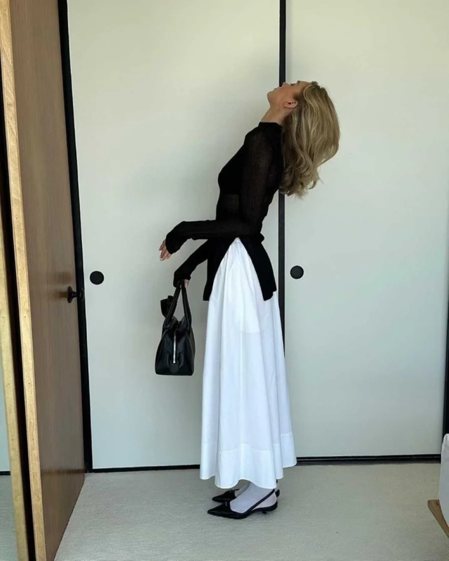 

Women Hem Split Round Neck Long Sleeve Transparent Slim Black Pullover Top + High Waist A-Line Loose White Cotton Skirt Suits