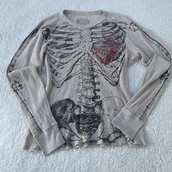 Maemukilabe 00s Retro Y2k Women Tops Harajuku Gothic Skeleton Graphic Printed T shirt Hip Hop Tee Shirt Aesthetic Streetwear