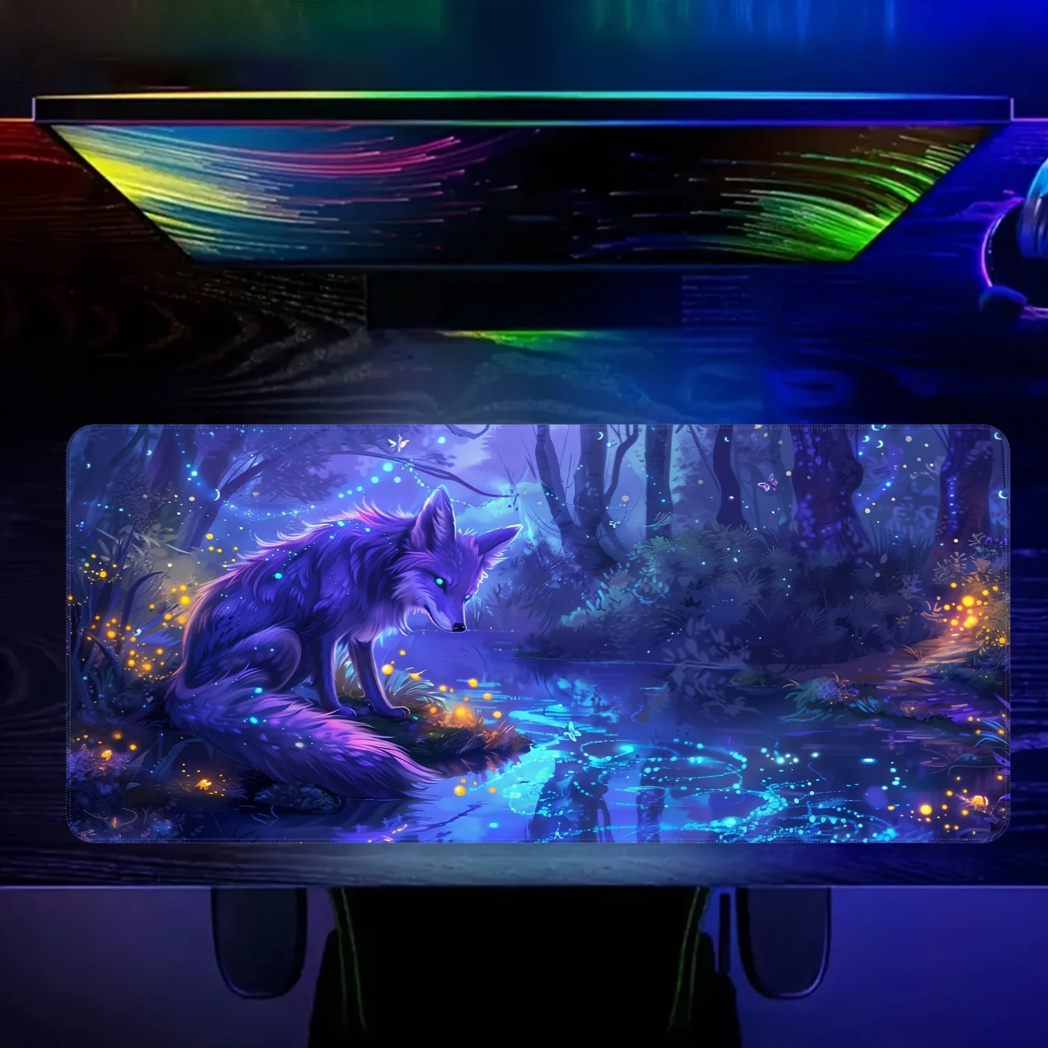Mystical Purple Fox Glowing Forest Extended Gaming Mouse Pad Non-Slip Rubber Desk Mat