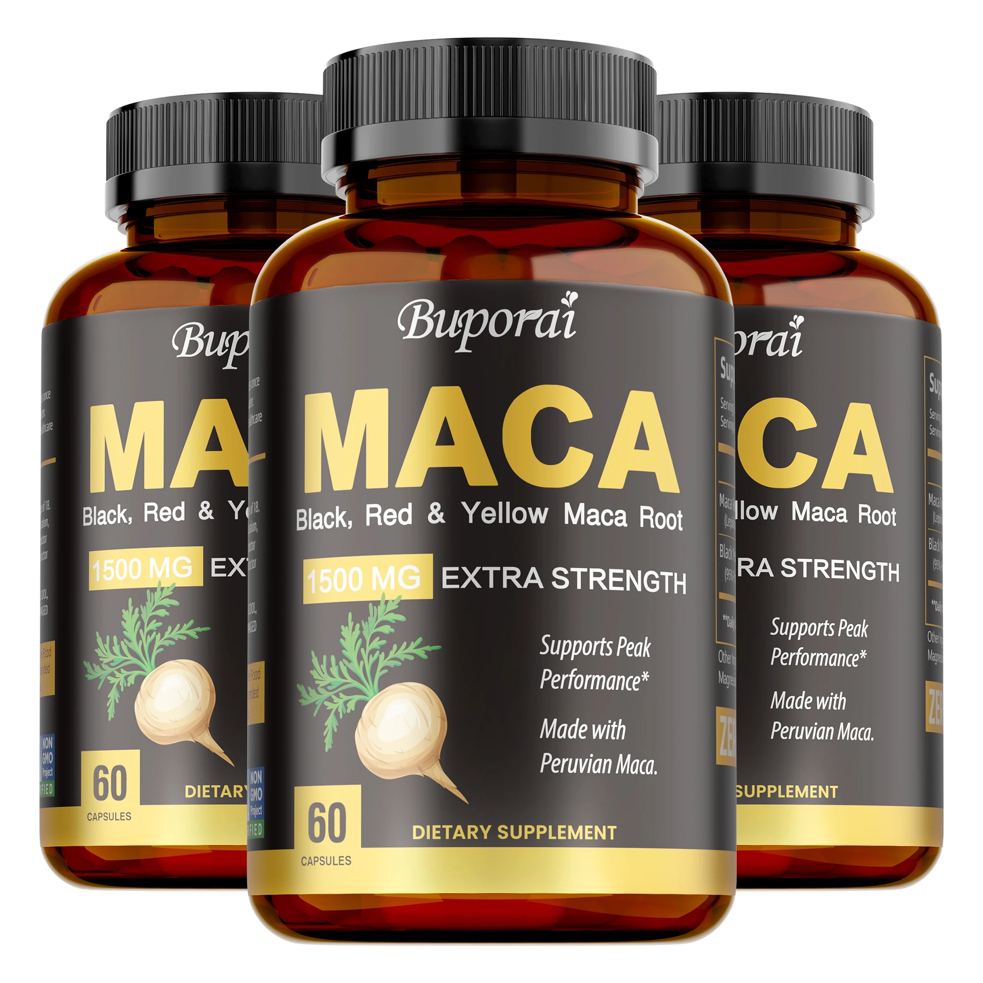Organic Maca Root Powder Capsules with Black + Red + Yellow Peruvian Maca Root Extract Supplement for Men Women