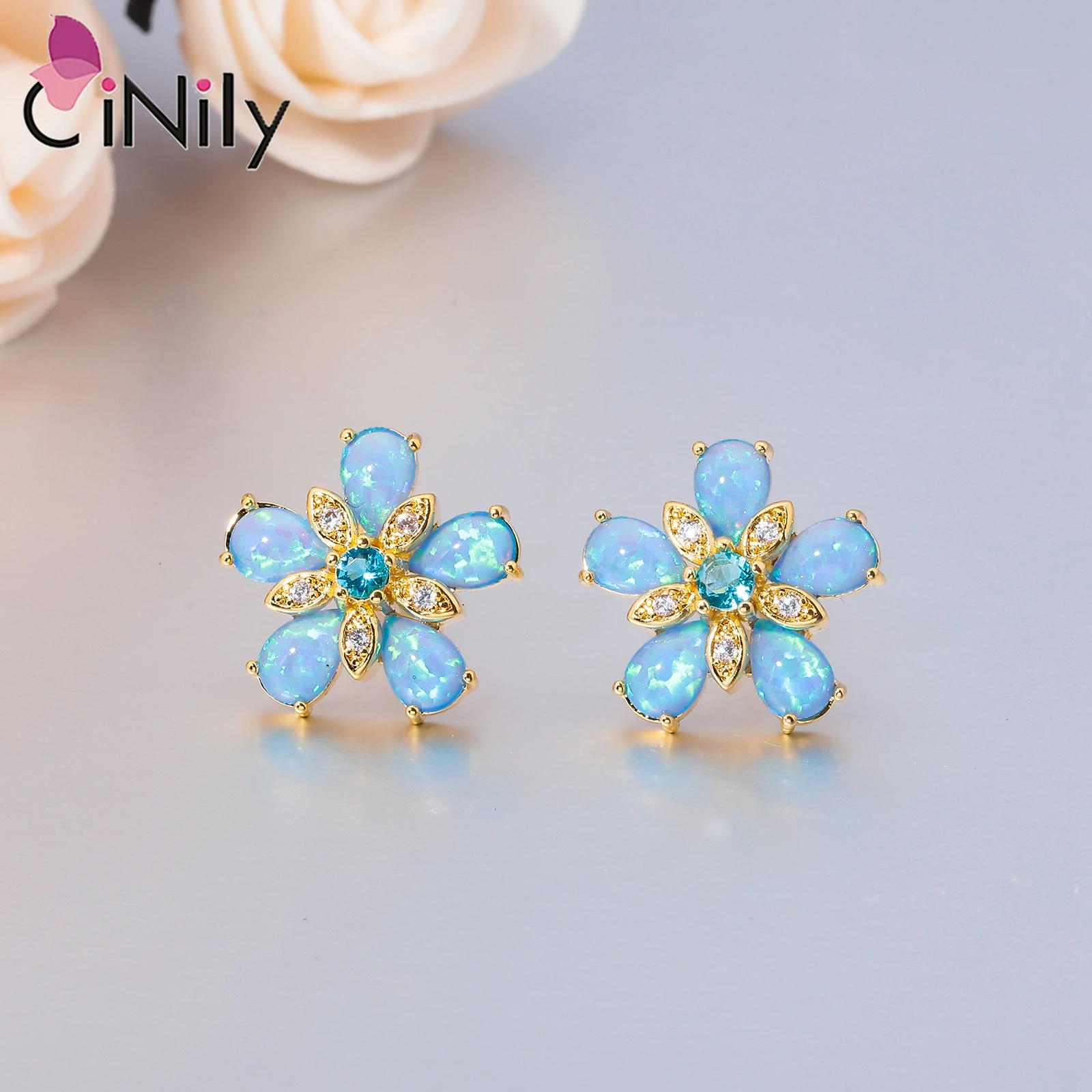 CiNily White&Blue Fire Opal Stud Earrings Garden Flower Shape Earrings for Women Flora Gardenia Bohemia Boho Summer Jewelry