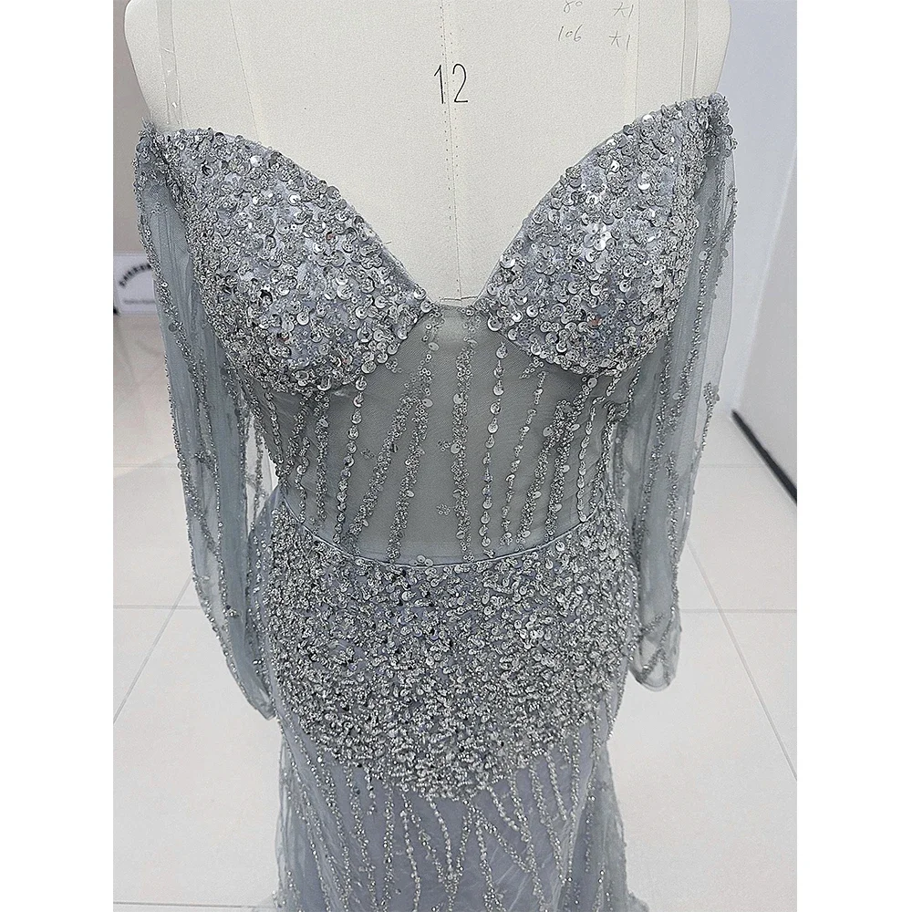 Vestido de fiesta de lujo sin tirantes con cola de barrido de sirena gris con cuentas y lentejuelas para eventos especiales vestidos de noche elegantes para mujer