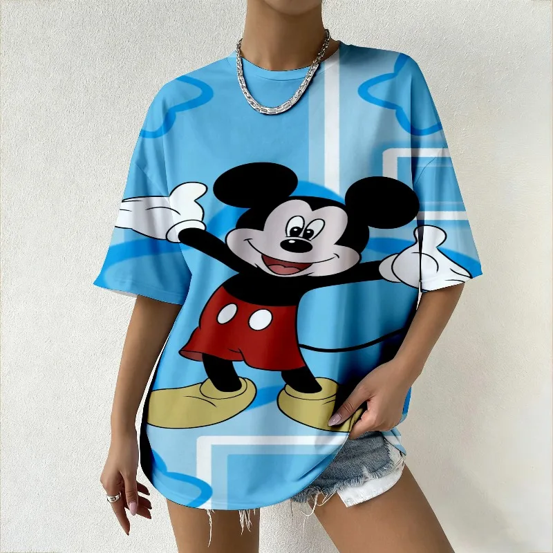 تي شيرت نسائي كبير الحجم Y2K موضة الصيف مع طباعة ميني ماوس لطيف فضفاض رداء علوي غير رسمي ملابس نسائية يومية للشارع