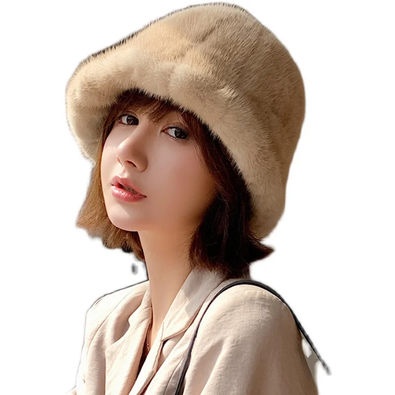 Winter Real Mink Fur Bucket Hat Women Windproof Cap Warm Fisherman Hat Accessories