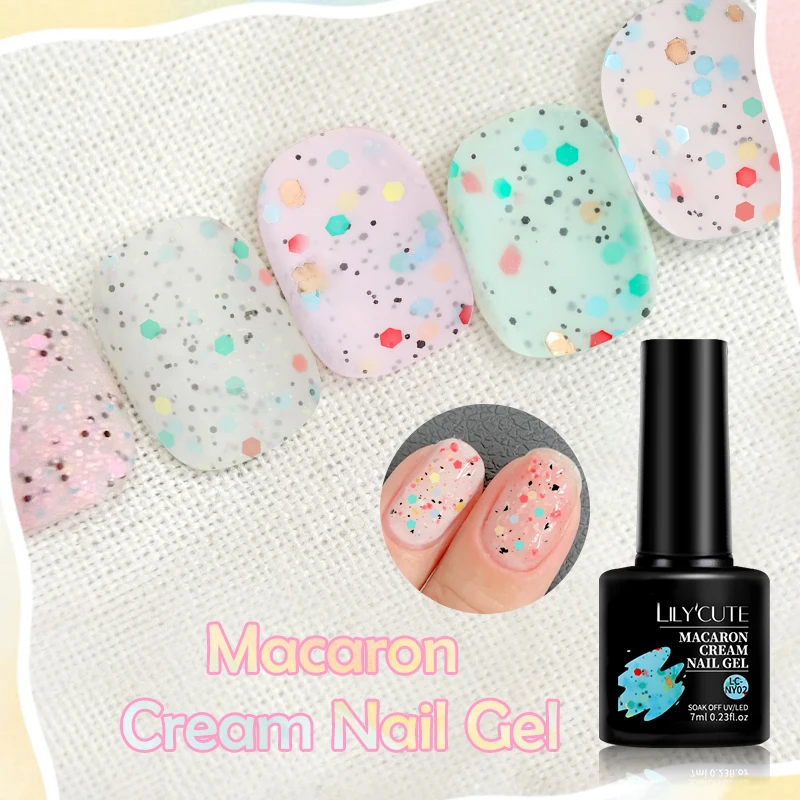 LILYCUTE 7ml Kremowy Lakier do Paznokci Macaron, Błyszczący Lakier do Paznokci z Cekinami, Lakier do Paznokci UV LED Soak off, Lakier Żelowy do Konstrukcji