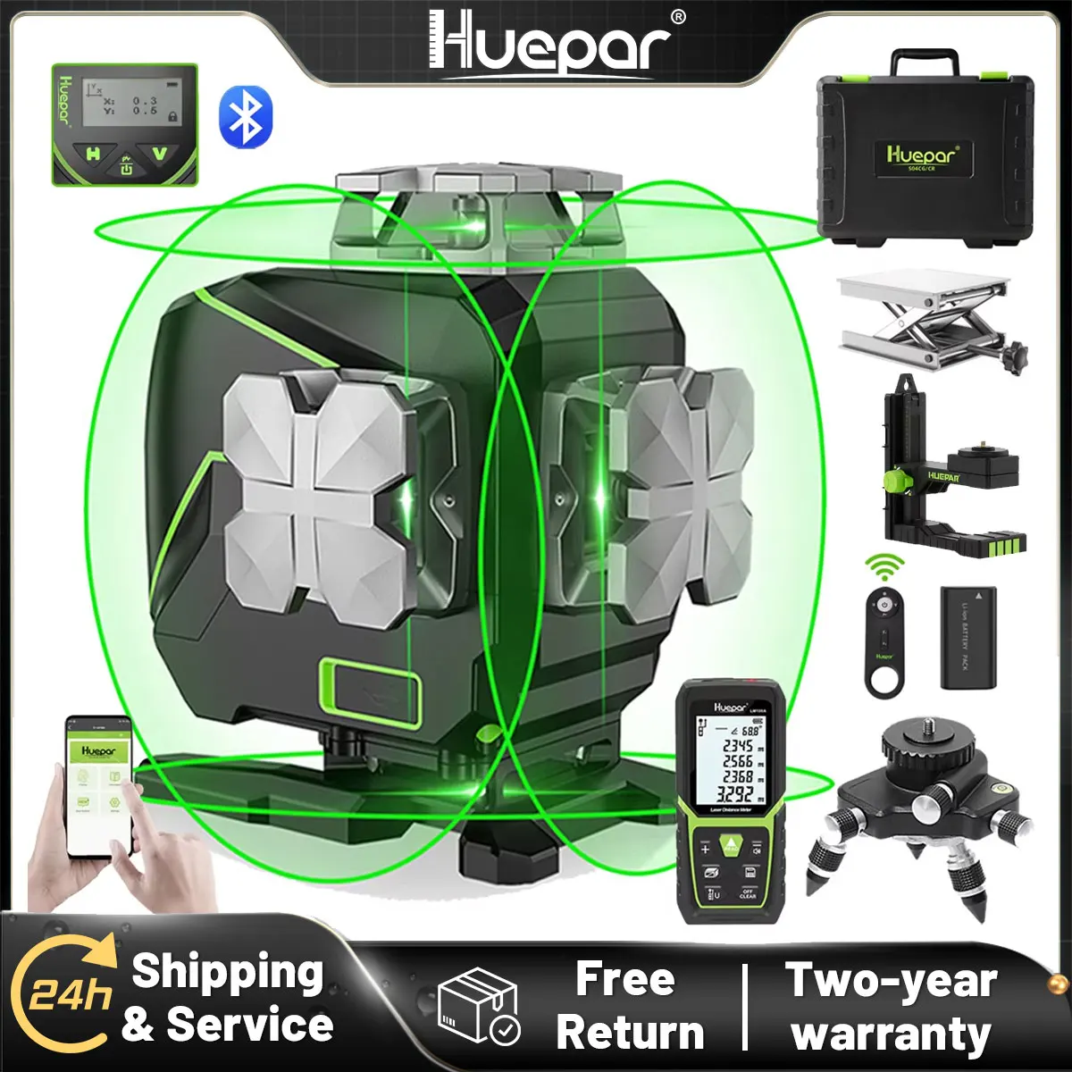 Huepar S04CG 16 Lines 4D Cross Line Laser Level LCD Screen Bluetooth Remote Control Green Laser Tools With Adapter & Rangefinder