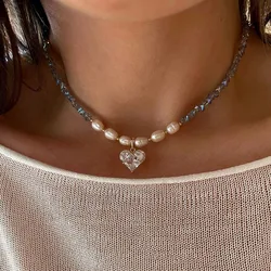 Design Exaggerated Irregular Imitate Pearl Chain With Crystal Heart Pendant Necklace for Women Valentine's Gift X0301