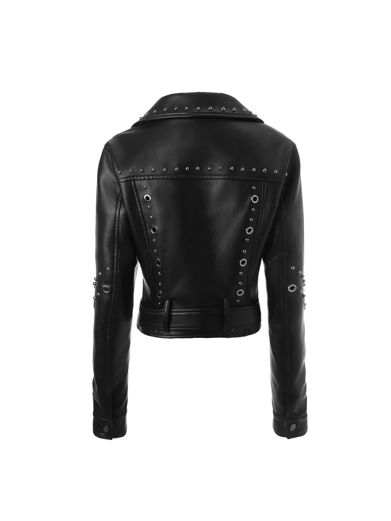 سترة Rock Chic من الجلد النباتي - معطف بياقة واقفة متعدد المرصع، مقاس نحيف وحزام قابل للتعديل على طراز راكبي الدراجات (أونيكس) ⚡