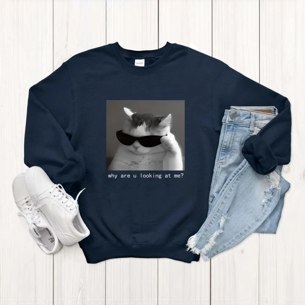 Women's Crew Neck Sweater Cool Cute Kitten Graphic Chic Printing High Quality Pure Cotton Fabric Loose Pullover New Sweatshirt