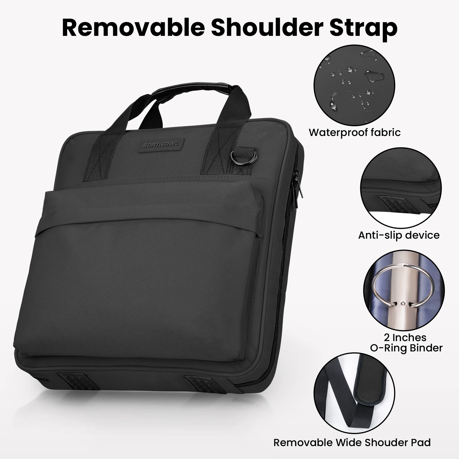 SortieOwl Raccoglitore con cerniera a 3 anelli da 2 pollici con tracolla e movimentazione - Raccoglitore scolastico multitasche, borsa per documenti