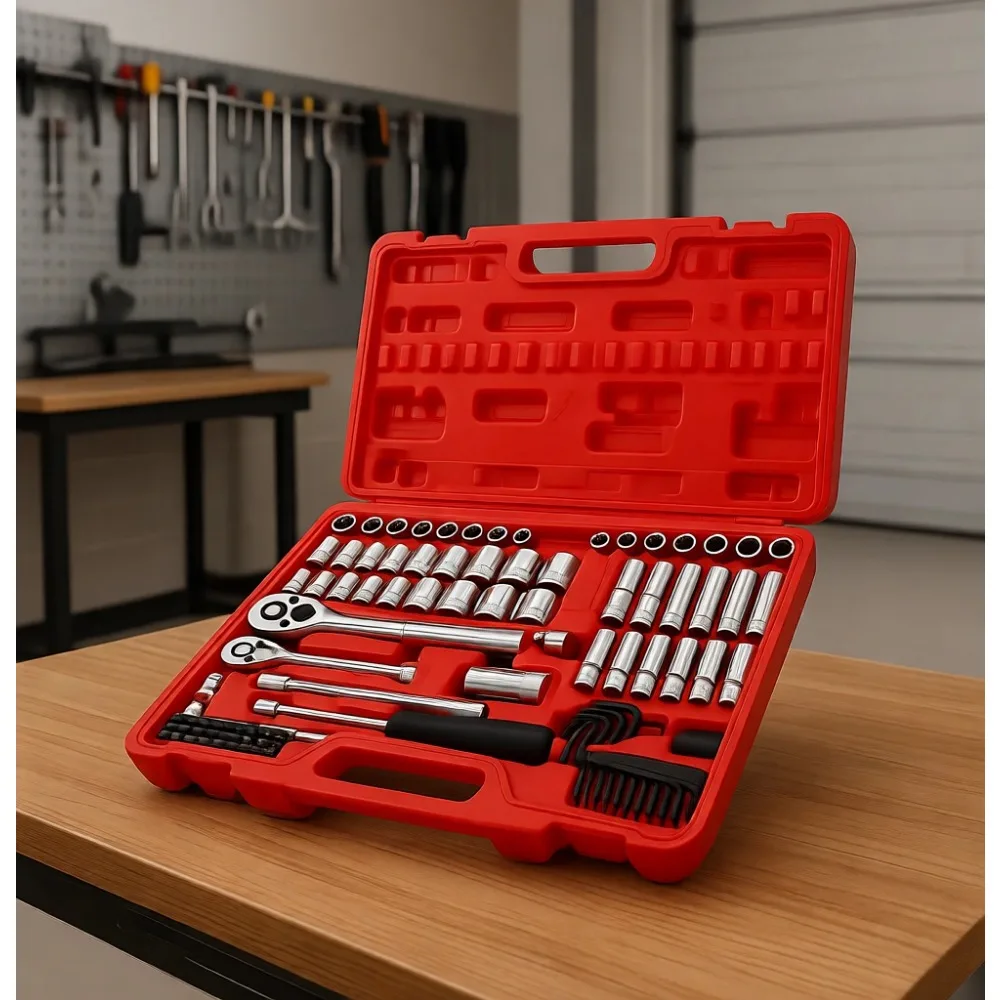 

1/4 and 3/8 Inch Drive SAE Metric Standard Deep Socket Set with Ratchet Extensions Universal Joint 94 Pieces