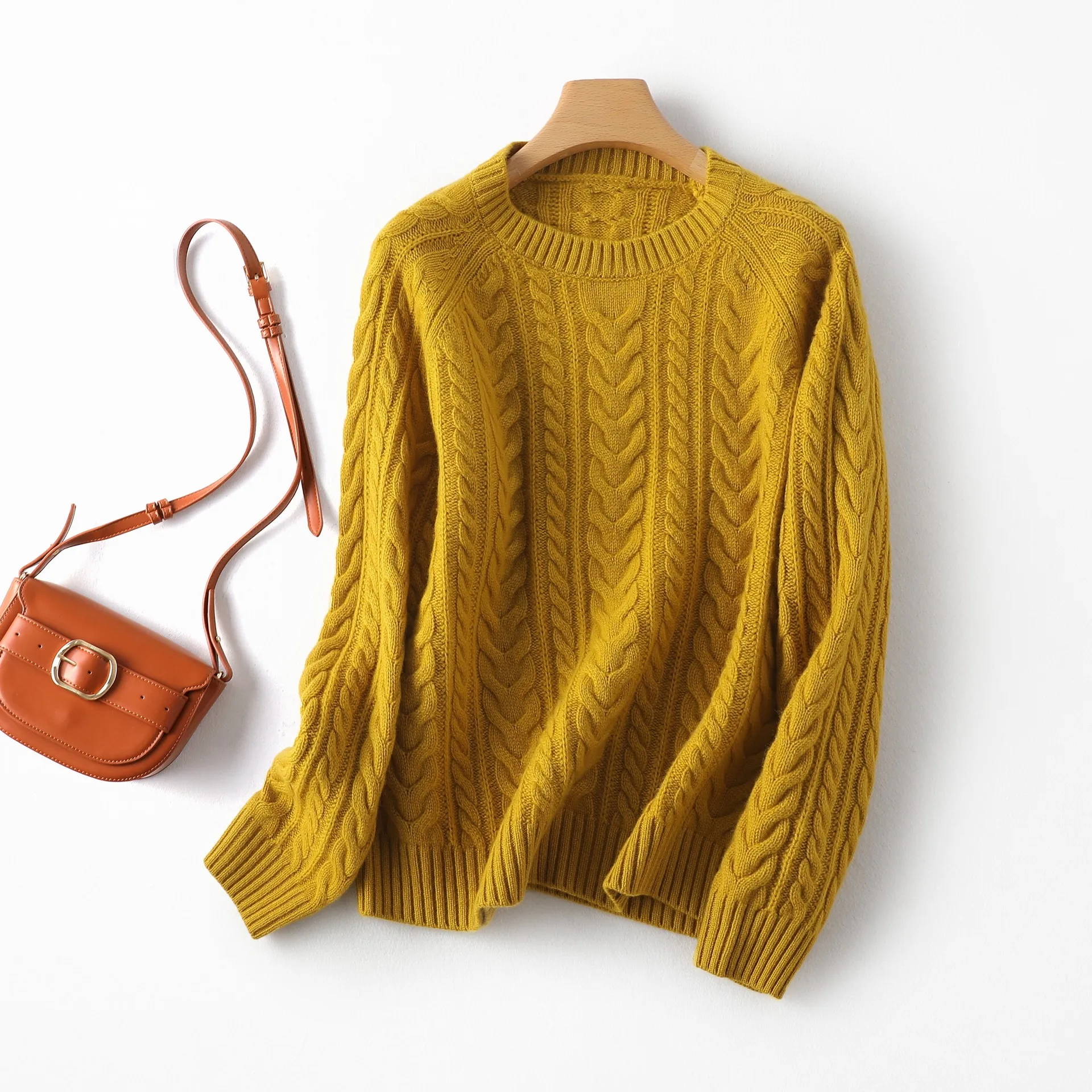 Birdtree Sweater Rajut Solid 100% Wol Domba yang Hangat, Wanita Teknik Twist Kerah O Lengan Panjang Pullover Musim Gugur T59459JF