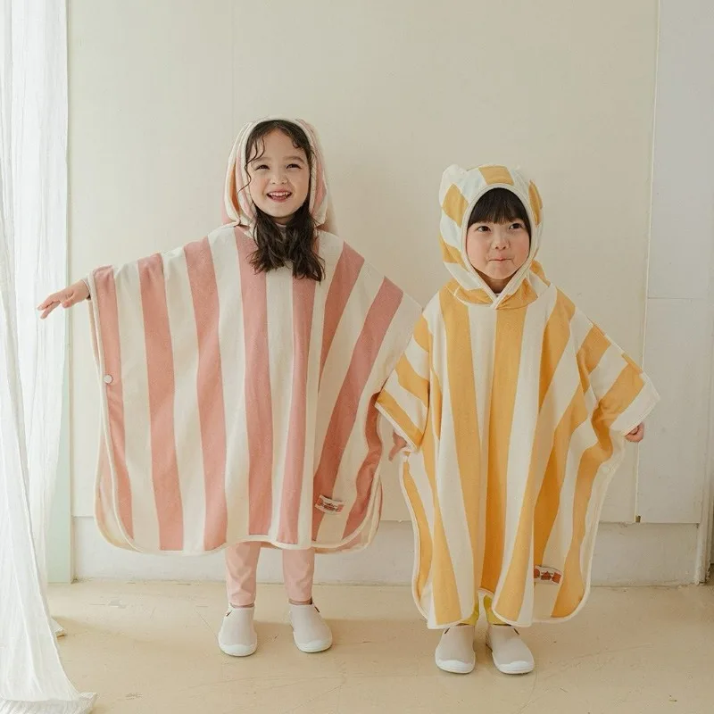 

Baby Bath Towel New Korean Cotton Hooded Bathrobe Thickened Water-absorbent Soft Cute Stripe Cloak Kids Swimming Towel
