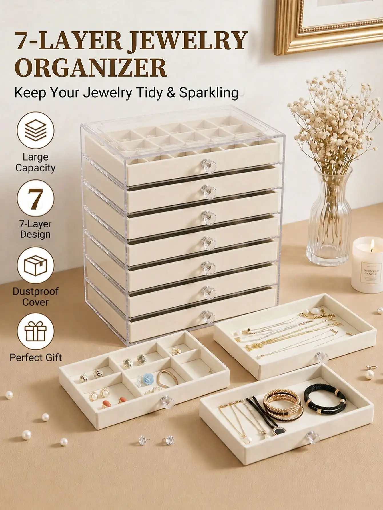 Acrylic Jewelry Box With 7 Drawers, Clear Earring Storage Organizer Display Case For Women And Girls, Beige