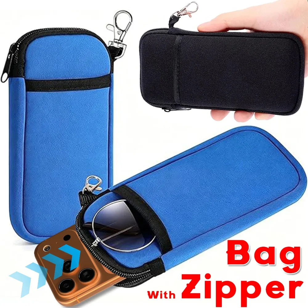Nylon Fabric Phone /Glasses Zipper Pouch with Carabiner Bag For Samsung iphone Xiaomi Smartphone Case Outdoor Sport Phone Cover