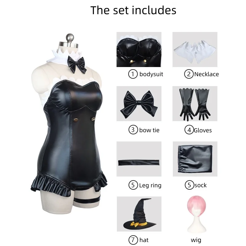 Re:Zero Rem Cosplay Costume Magical Witch Bunny Suit Black Leather Bodysuit Halloween Party Outfit with Hat Gloves Full Set view 2