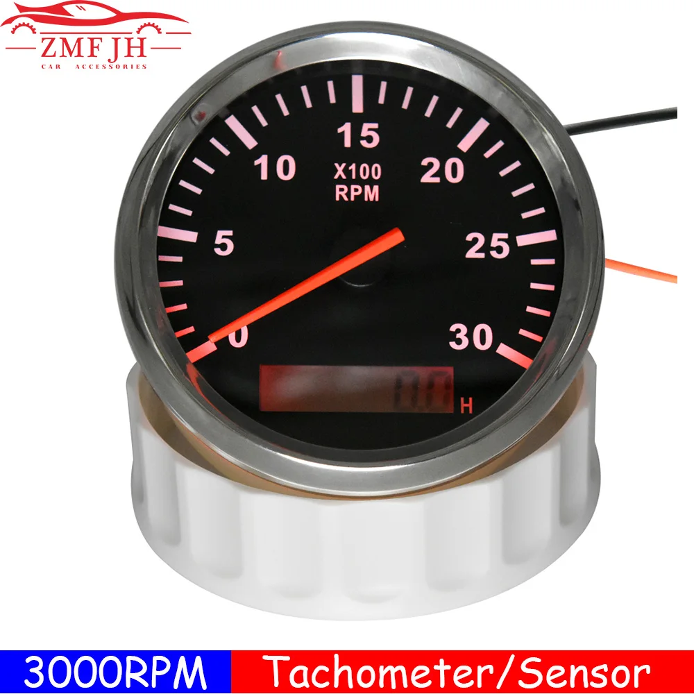 

3000 RPM Tachometer Gauge Tach Sensor REV Counter with Hour Meter 85mm Gasoline Diesel 12V 24V Red LED Tacho Sensor M16 M18