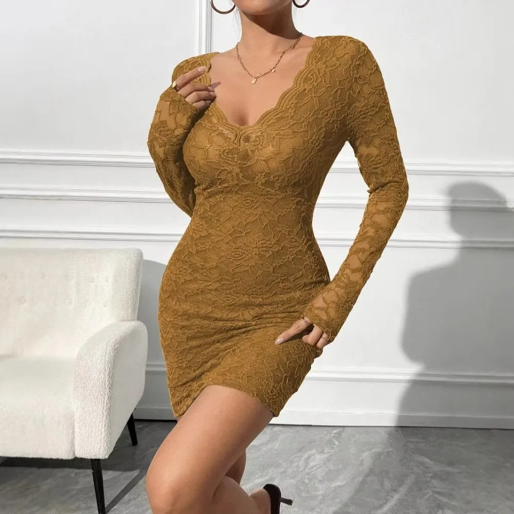 Fall Winter Women Elegant V Neck Lace Midi Dress, Long Sleeve Slim Fit Dress For Evening Party Wedding Guest Occasion