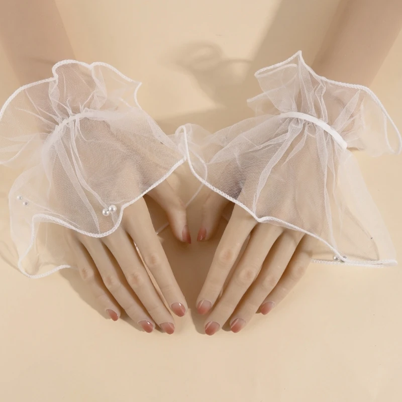 1Pair Detachable Cuffs Pearl Lace Mesh Fake Flared Sleeves Women Pleated False Cuffs Wristband Wrist Warmers Party Ornament