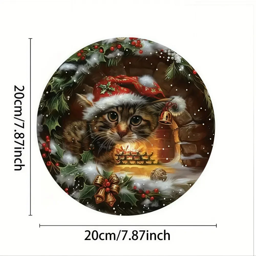 2D Retro Christmas Cat Circular Wooden Sign, Suitable for Home, Living Room, Office, Caf É, Garage, Holiday Decoration, Gifts