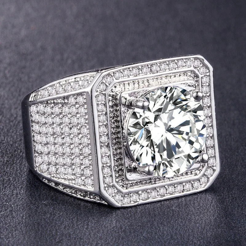 Milangirl Big Hip Hop Rhinestone Men Out Bling Square Ring   Pave Setting CZ Wedding Engagement Rings Top Quality