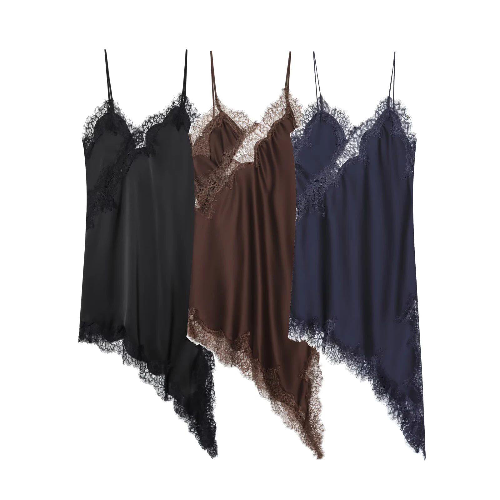 Sukienka na ramiączkach z satynową teksturą, asymetryczna, koronkowa, wyszczuplająca, w stylu spicy girl, nowość zima 2025