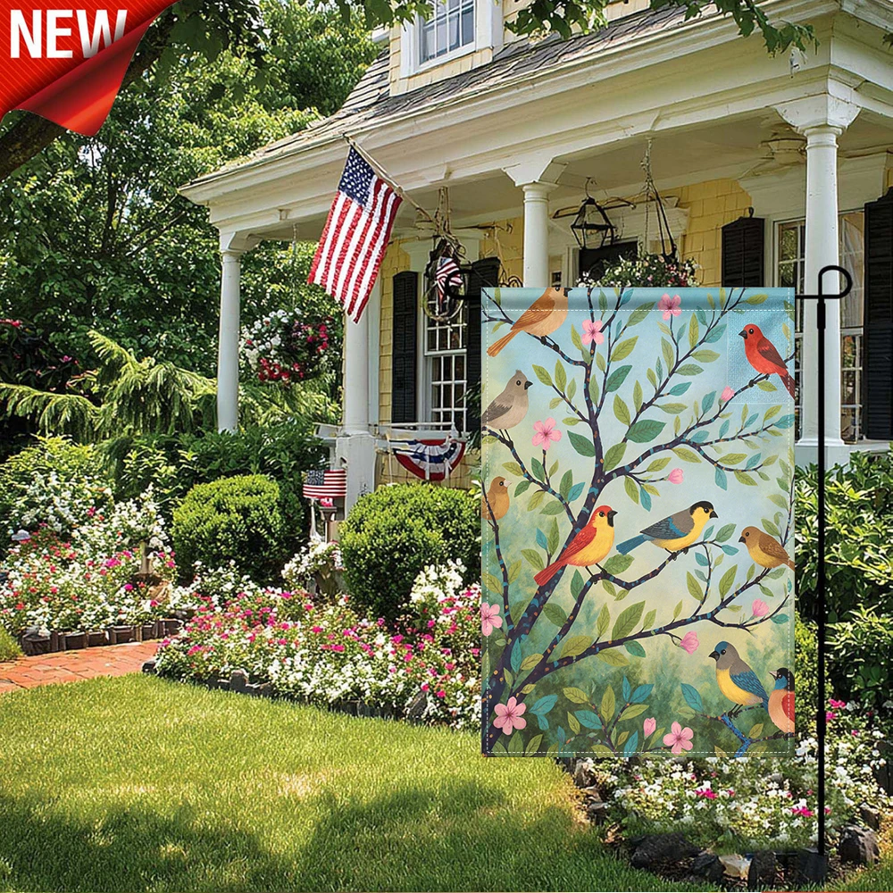 

1PC, Garden Flag Spring Birds on Branch Design Double Sided Seasonal Outdoor Decorative Flag Waterproof Fade Resistant Yard Flag for Lawn Patio Porch Home Decor Holiday Garden Banner with Floral Tree and Colorful Bird Pattern for