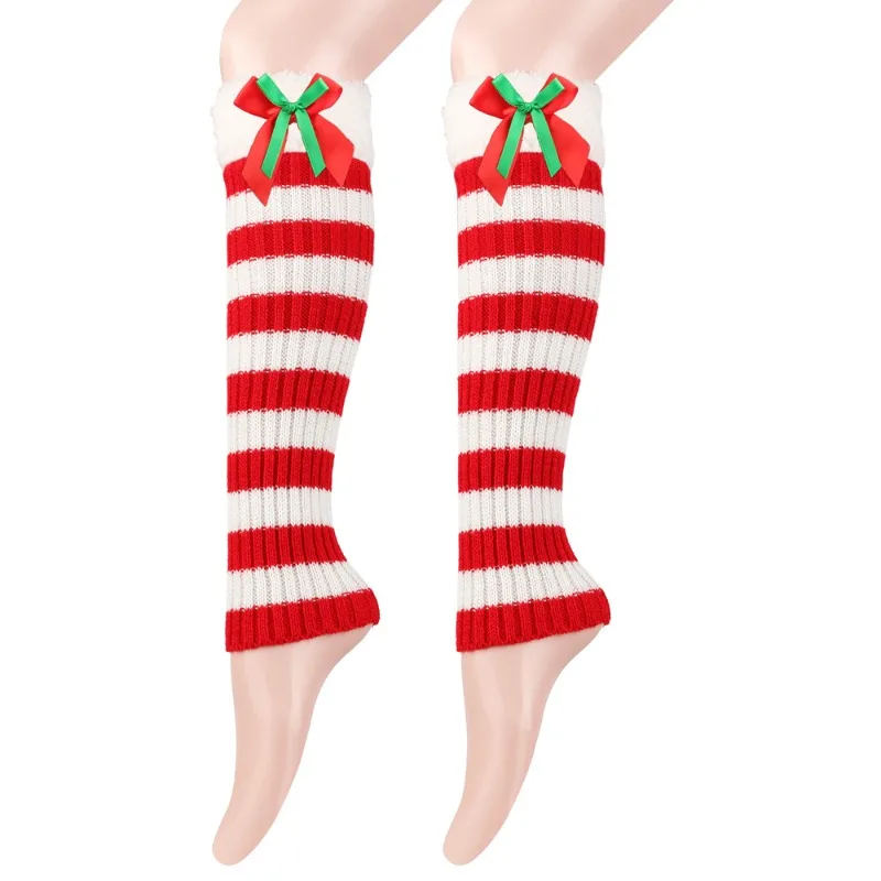 New Autumn-winter Plush Christmas Stocking, Plush and Warm Leg Protection Sleeves, Knitted with Bows, Socks